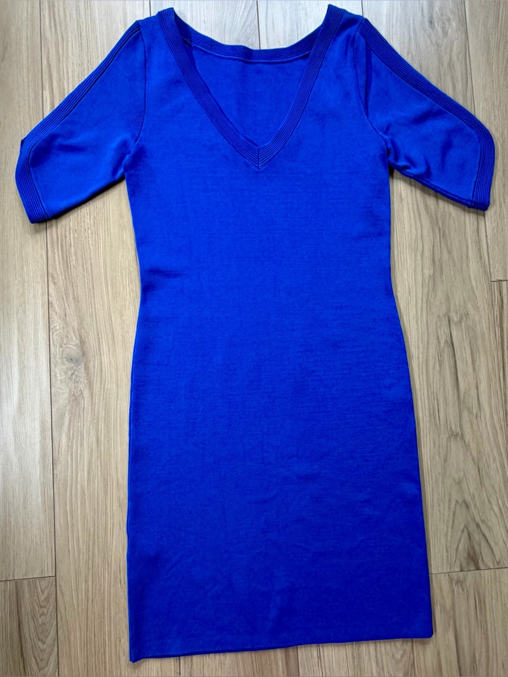 REISS Royal Blue Tight Ribbed Bandage Heavy V-Neck Knit Dress Sz 8